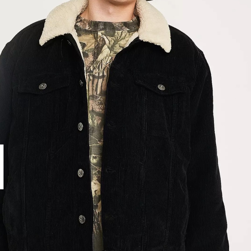 BDG Black and White Lightweight Shirt Jacket with Sherpa Collar